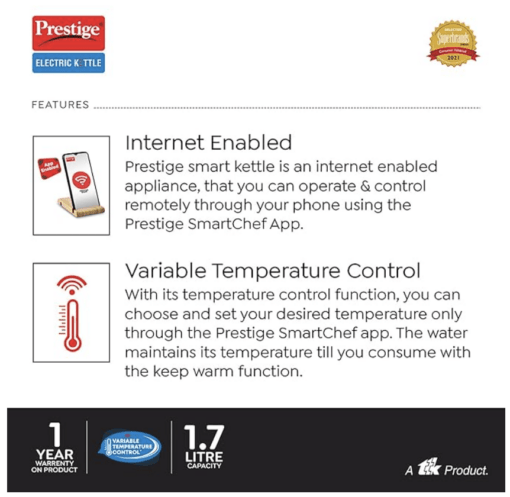 Prestige Smart-1.7 IOT Enabled Electric Kettle with Concealed Element 1.7L, 1500W, Silver Variable Temperature Control Through WiFi - Image 2